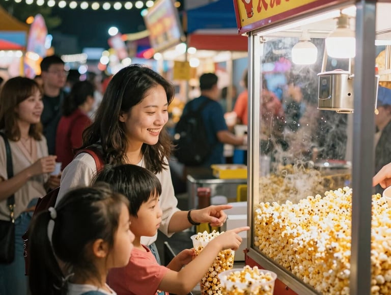 A bustling night market scene with colorful vendor stalls glowing under neon lights.