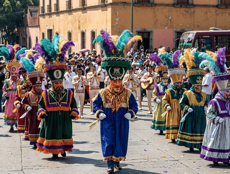 Dancers in colorful traditional costumes and feathered hats parade during a Mexican carnival celebration.