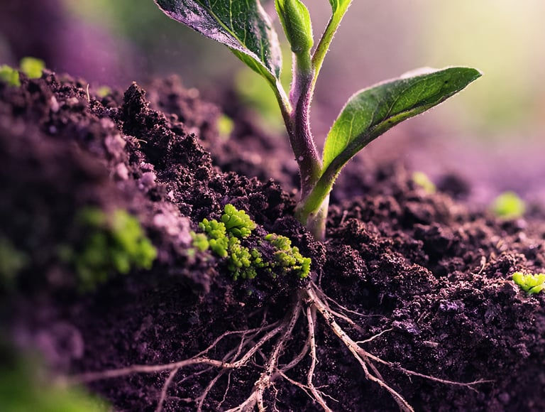 A young green seedling growing in dark soil showing its healthy root system for gardening.