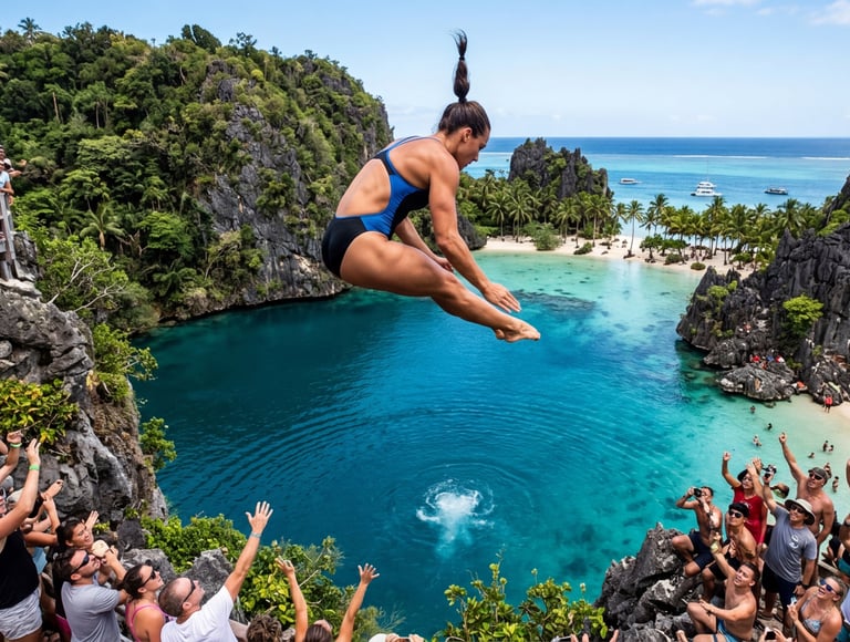 A female cliff diver jumps into a tropical blue lagoon surrounded by cheering crowds and palm trees.