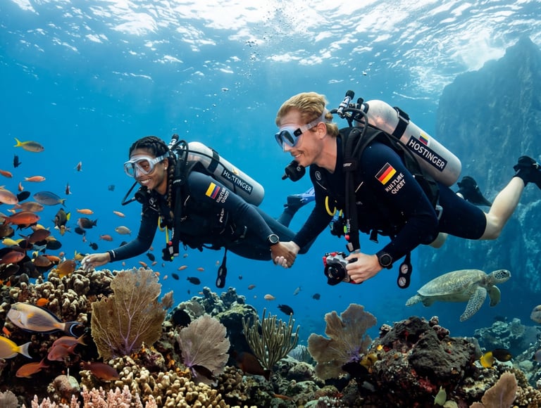 Two scuba divers holding hands swim past a colorful coral reef with tropical fish and a sea turtle.