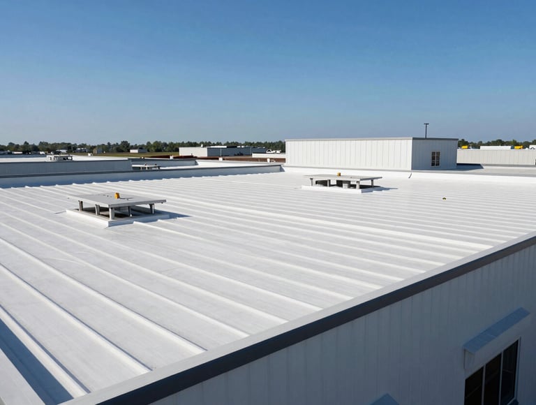 A wide-angle shot of a large North American / US commercial building with a clean, white TPO flat roof being professionally finished. The scene includes the steel blue sky and subtle shadows, projecting efficiency and modern construction expertise. The overall mood is authoritative and reliable.