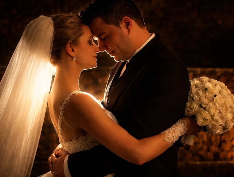 Casal se abraçando na frente daluz dourada