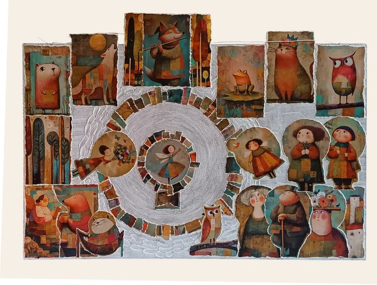 Idee regalo bambini, quadro collage materico fiabesco con volpe, gufo, gatto e bimbi in cerchio. - Guance Rosse