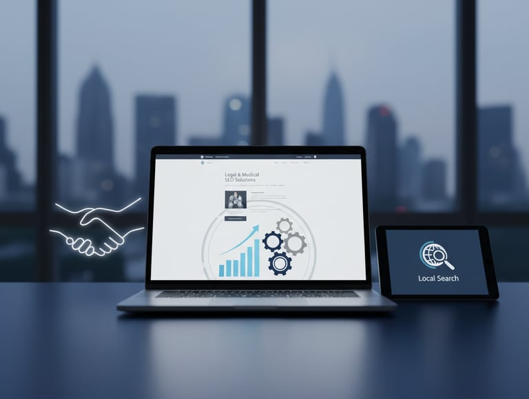 Laptop displaying a website with SEO solutions and a bar graph with gears, symbolizing SEO growth an