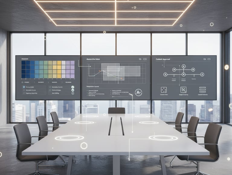 High-tech, minimal conference room with large digital displays showing color codes, layout grids, an
