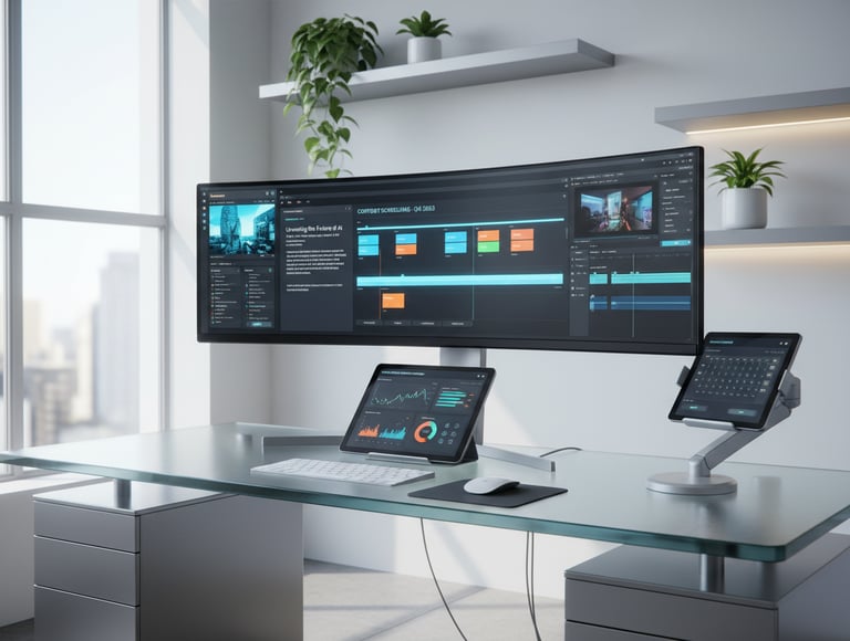 Workspace with screens for content scheduling, blog writing, video editing, and analytics.