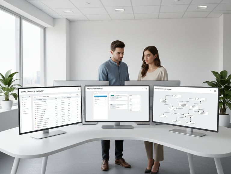 Modern office with two professionals and screens showing email campaigns, newsletter creation, and a