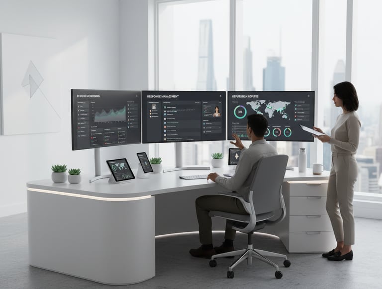 Workspace with screens for review monitoring, response management, and reputation reports.