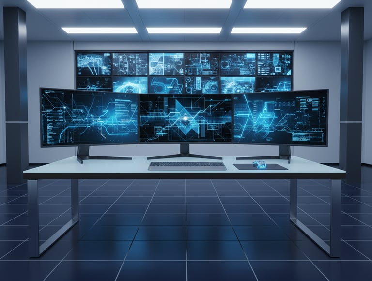 Bright, modern office workspace with digital screens showing abstract graphs and