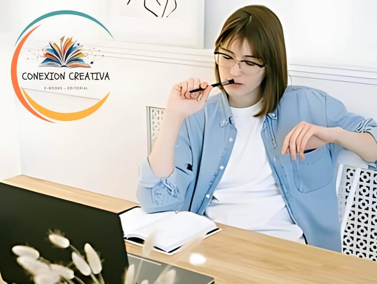 a woman sitting at a desk with a pen and a pen