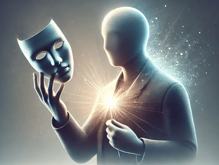 Un masque craqué symbolisant la personnalité imposteur et la libération émotionnelle