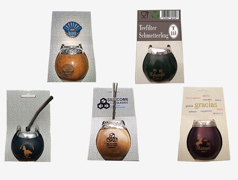 Variety of mates that include a bombilla, personalized with laser and presentation