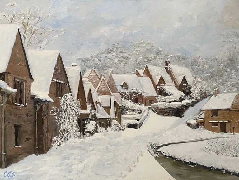 Original oil painting of Arlington Row Bibury in the snow