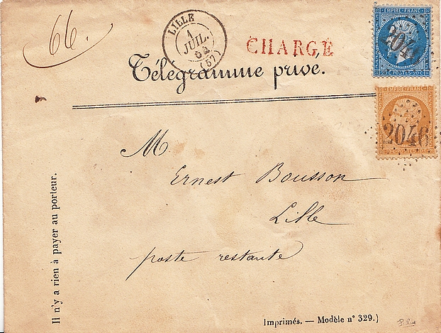 1864: Télégramme privé reçu à la station de LILLE et remis au bureau de poste.