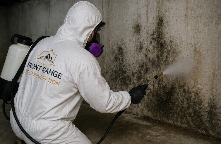 Front Range Mold Remediation certified technician treating basement mold contamination in Colorado Springs property