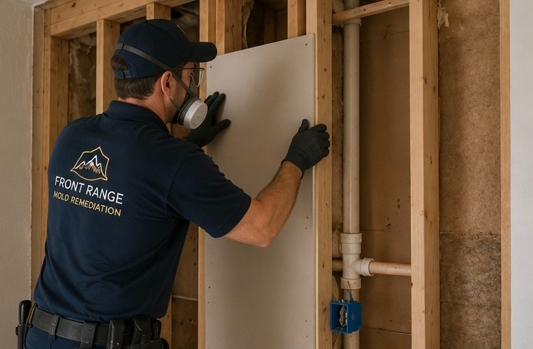 Front Range Mold Remediation restoration technician rebuilding mold damaged wall cavity in Colorado Springs home