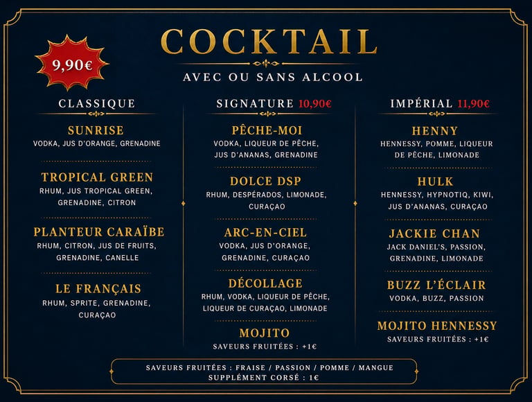 Carte a cocktail a emporter, tarifs, prix, Royalty Pizza, Fort de france, Martinique 
