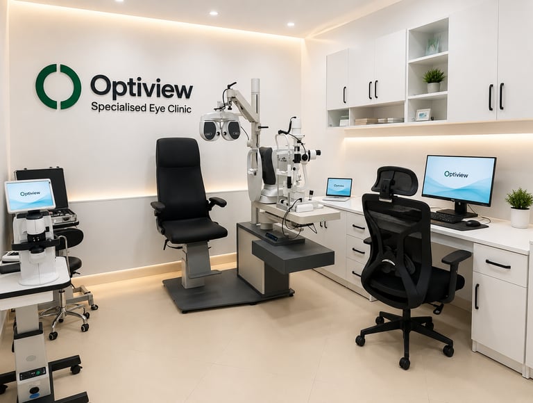 Modern ophthalmic examination room featuring advanced eye diagnostic equipment