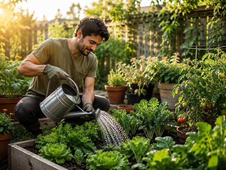 Beginner gardener watering healthy vegetable and flower plants in a sunny home garden