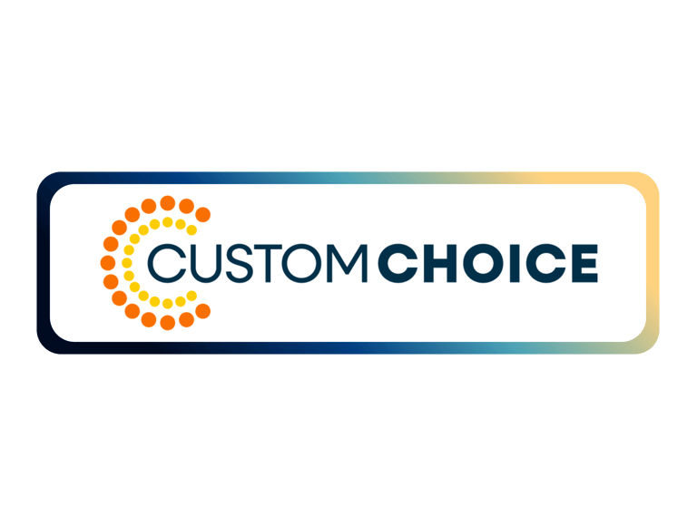 Custom Choice logo featuring orange dot patterns and professional blue typography.