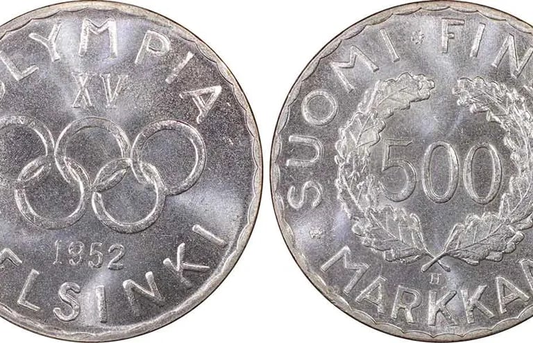 Helsingin 1952 olympiaraha – etusivulla olympiarenkaat ja kisojen tunnus, takasivulla seppele ja 500