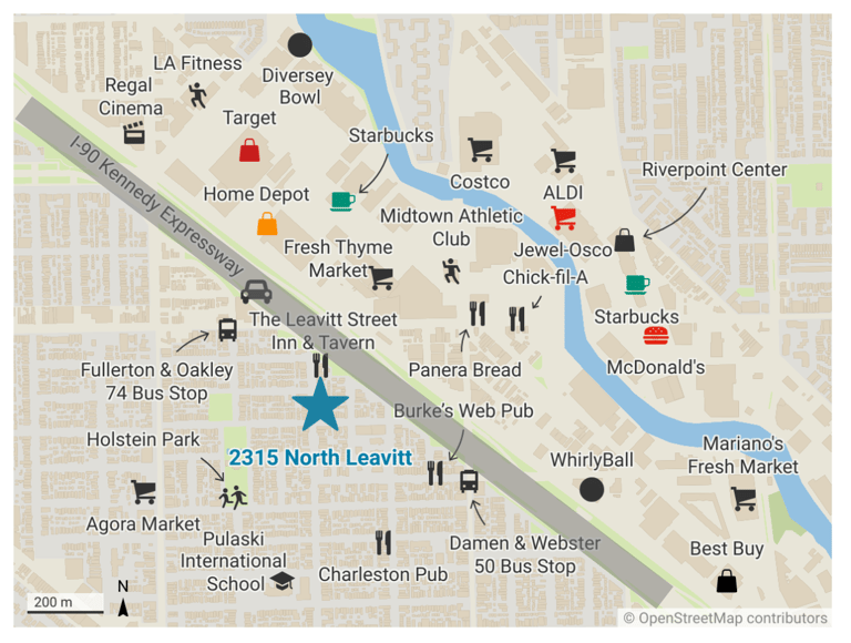 Nearby points of interest including restaurants, shopping and transit near 2315 North Leavitt.