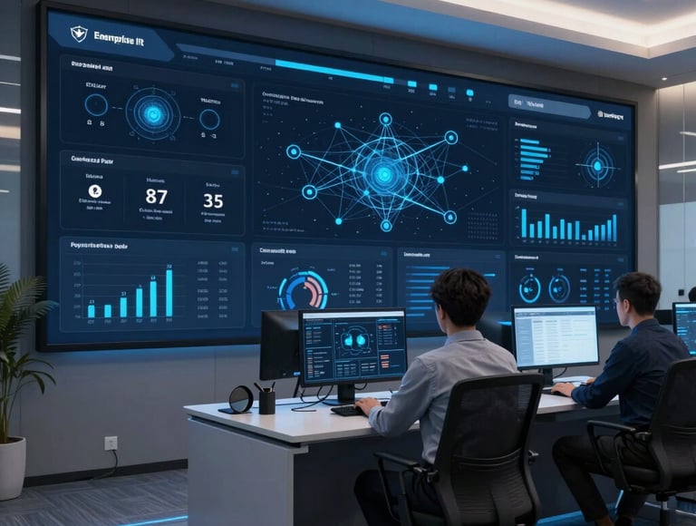 A professional IT technician monitoring multiple screens with network status dashboards.