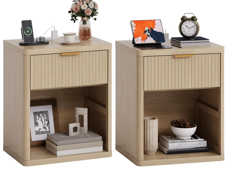 Pair of light wood nightstands with drawers, charging stations, and open storage shelves.