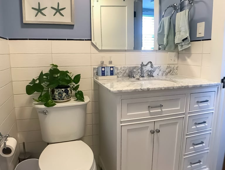 a bathroom with a toilet and a plant in it