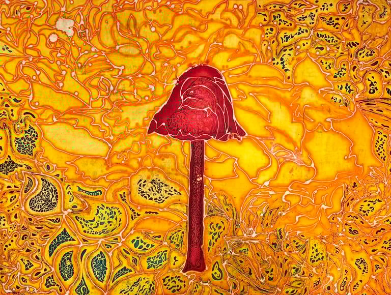 MUSHROOM, BATIKART, BATIKARTIST, BATIKPAINTING, HANDMADEART, HANDDRAWNBATIK, CONTEMPORARYBATIK