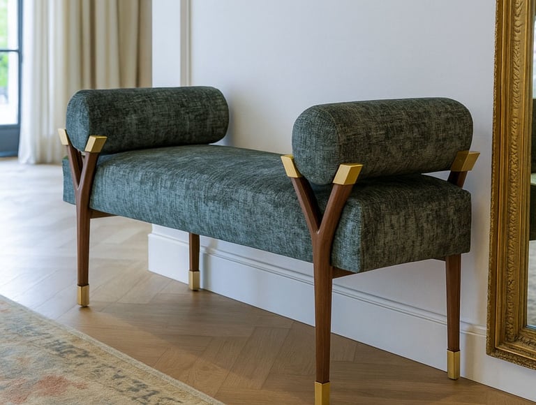 Solo Home Decor custom bench with walnut Y-legs and brass accents, showcased in a high-end interior setting.