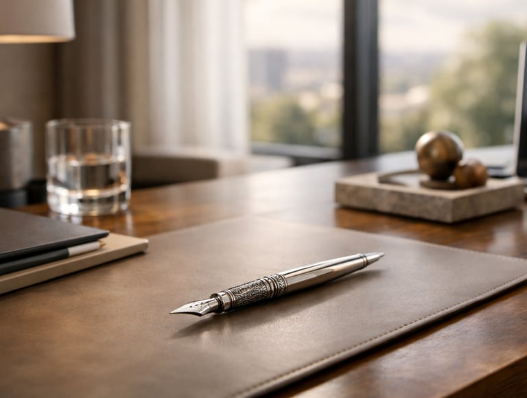 Nowoczesne biuro maklerskie z eleganckim biurkiem i piórem – symbol profesjonalizmu w obszarze nieruchomości inwestycyjnych