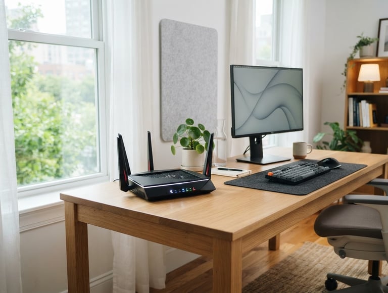Bright modern home office with natural daylight, a high-performance router with glowing status lights on a clean desk, 35mm lens.
