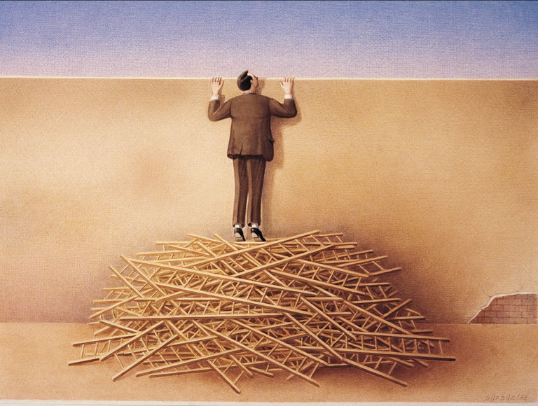 Surreal illustration of a man standing on a pile of wooden ladders looking over a tall wall.