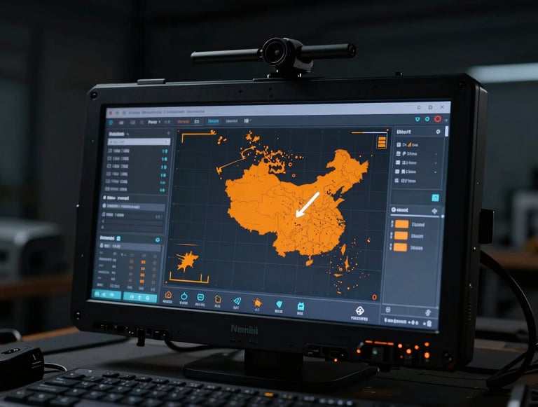 Giao diện màn hình hiển thị dữ liệu nhiệt từ UAV, vùng điểm nóng được AI đánh dấu màu cam, trong môi trường trung tâm điều khiển tối, chi tiết kỹ thuật sắc nét.