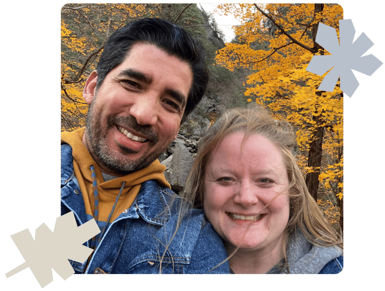Man and a woman with trees behind them and woodcuts of leaves and flowers overlaying them.