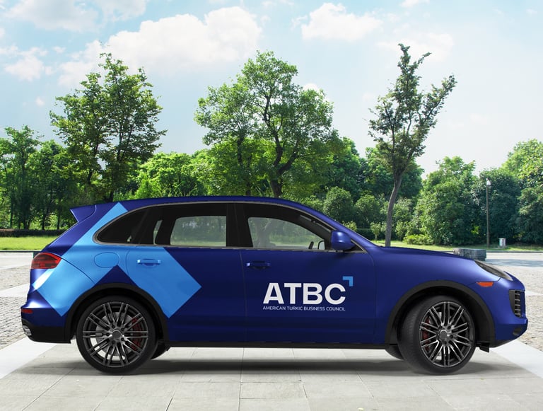 a blue car with a blue arrow on the side of it