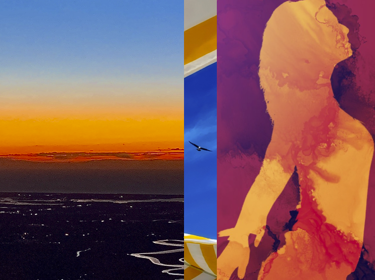 a woman in a bikinisuit and a bird in the sky