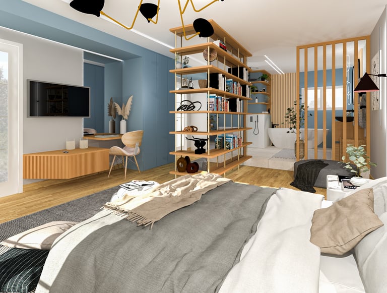 a bedroom with a bed, a couch, and a television