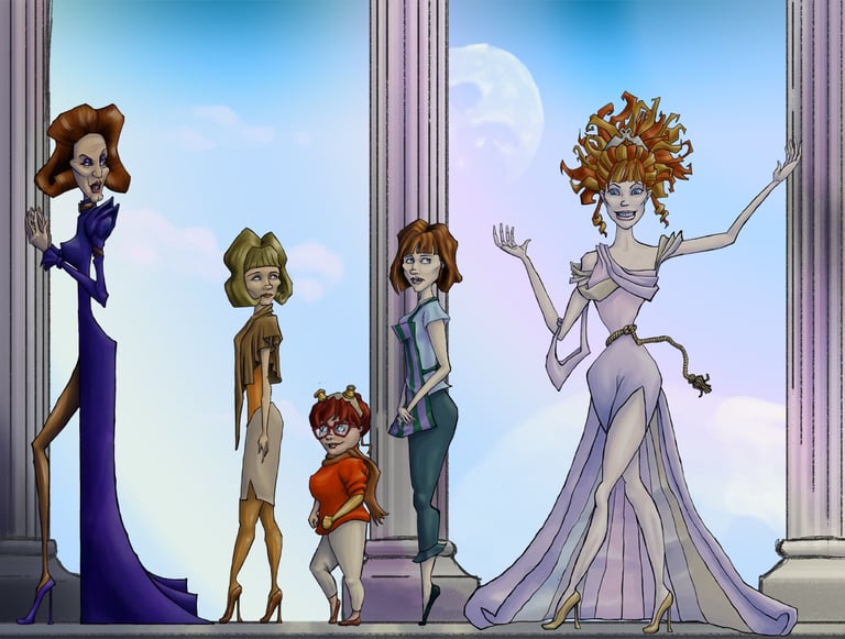 Digital fantasy art illustration of five female queens who range in expression from devious to chaos