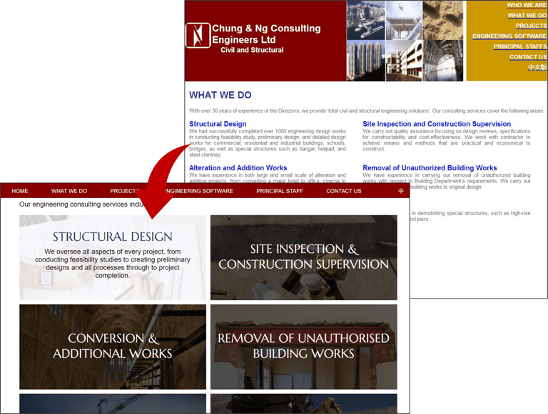 Screenshot of old and new Chung & Ng website to show difference in What We Do pages
