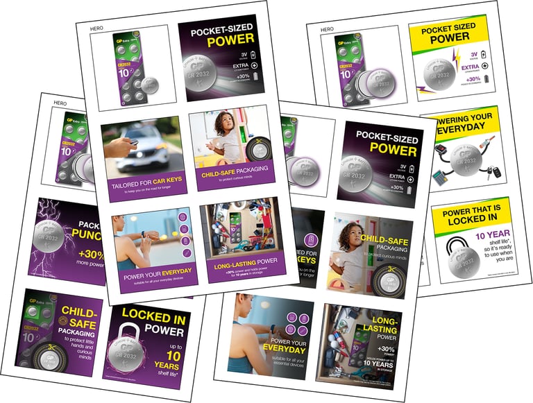 Snippets of 4 different sets of PDP imagery for GP CR2032 batteries listing key selling points, from serious to fun graphics