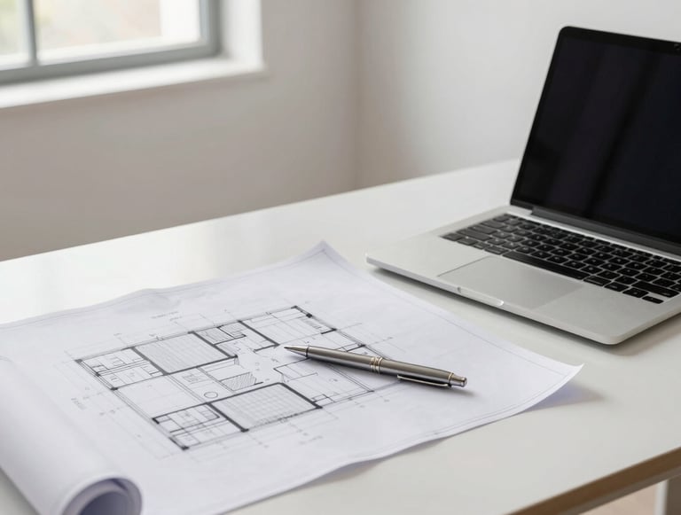 A professional high-angle shot of a clean, modern architect's desk in a South American / Brazilian studio. On the desk are detailed architectural blueprints, a sleek metallic pen, and a high-end laptop. The background is a soft white wall with natural light streaming from a large window. Colors: soft white, sky gray.