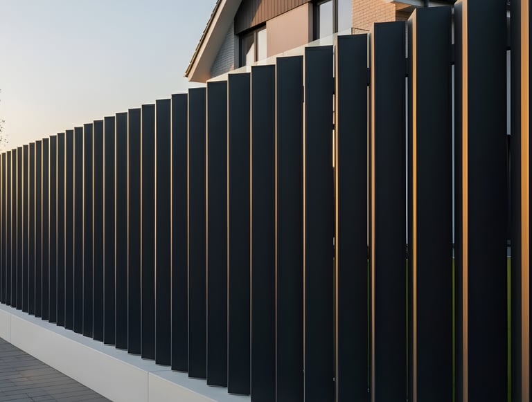 Cerramiento metálico modelo Vértice con lamas verticales en forma de V y diseño contemporáneo.