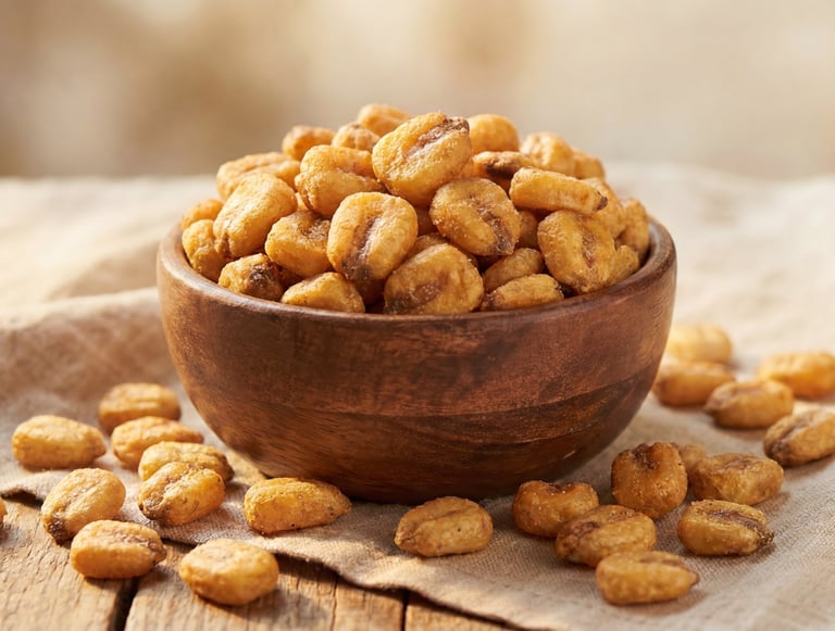Crunchy roasted corn nuts served in a rustic wooden bowl on a burlap cloth.
