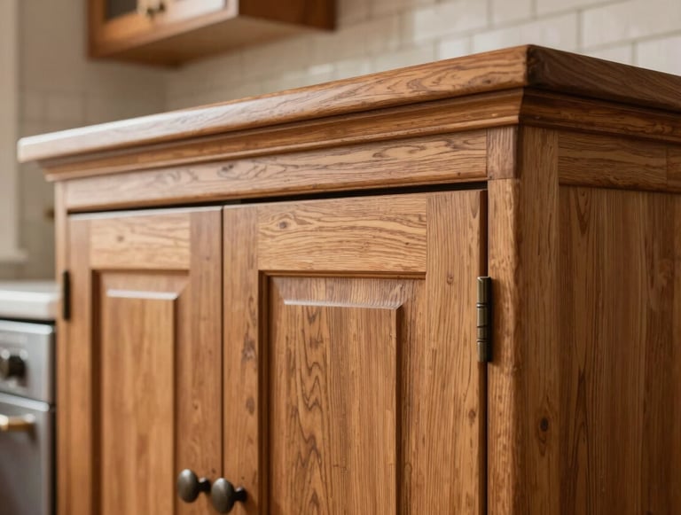 Handcrafted wooden cabinets in a bright kitchen. The shot showcases the fine joinery and detailed crown molding. Warm, professional lighting emphasizes the rich wood grain and the artisanal quality of the carpentry work in a North American / Hispanic home.