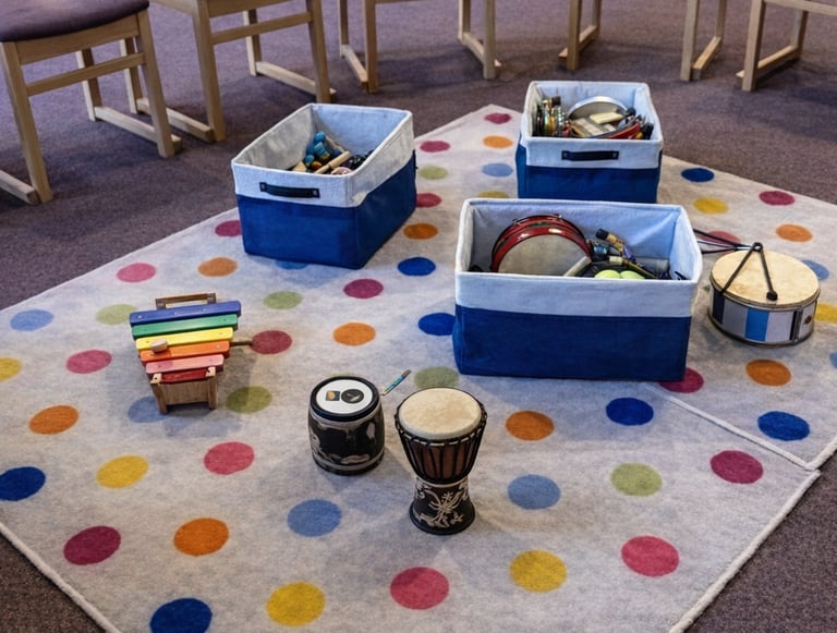 Musical instruments on spotty rug ready for toddler music group at Clavering Village Hall.