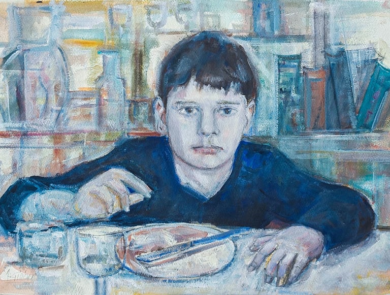 Retrato de Martí a la mesa, por el pintor Argi Girón. . Óleo sobre papel Arches. 2021.