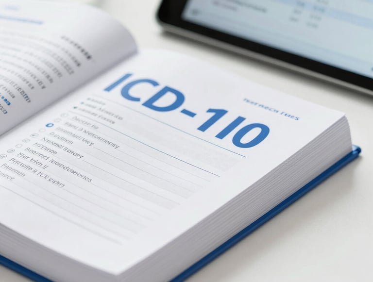 Close-up of professional medical coding books and a digital tablet showing ICD-10 data, set in a bright, clean North American clinic office, white and royal blue accents, sharp focus.